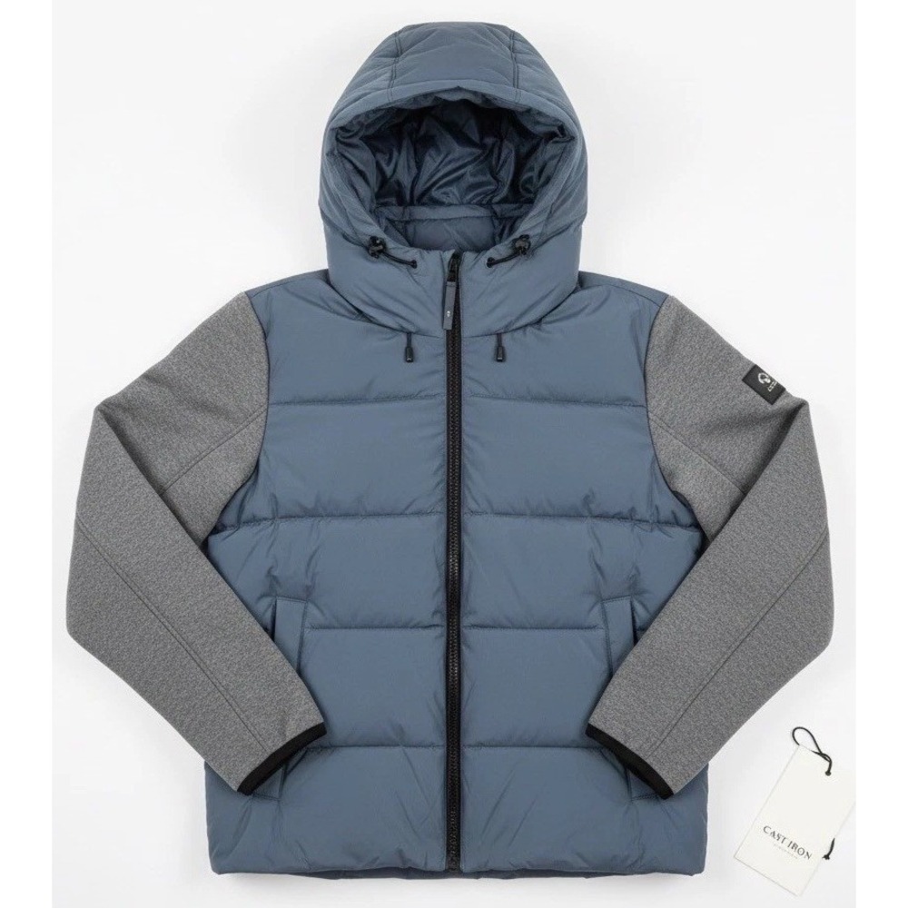 Men's Hooded Puffer Jacket in Slate Blue with Gray Sleeves